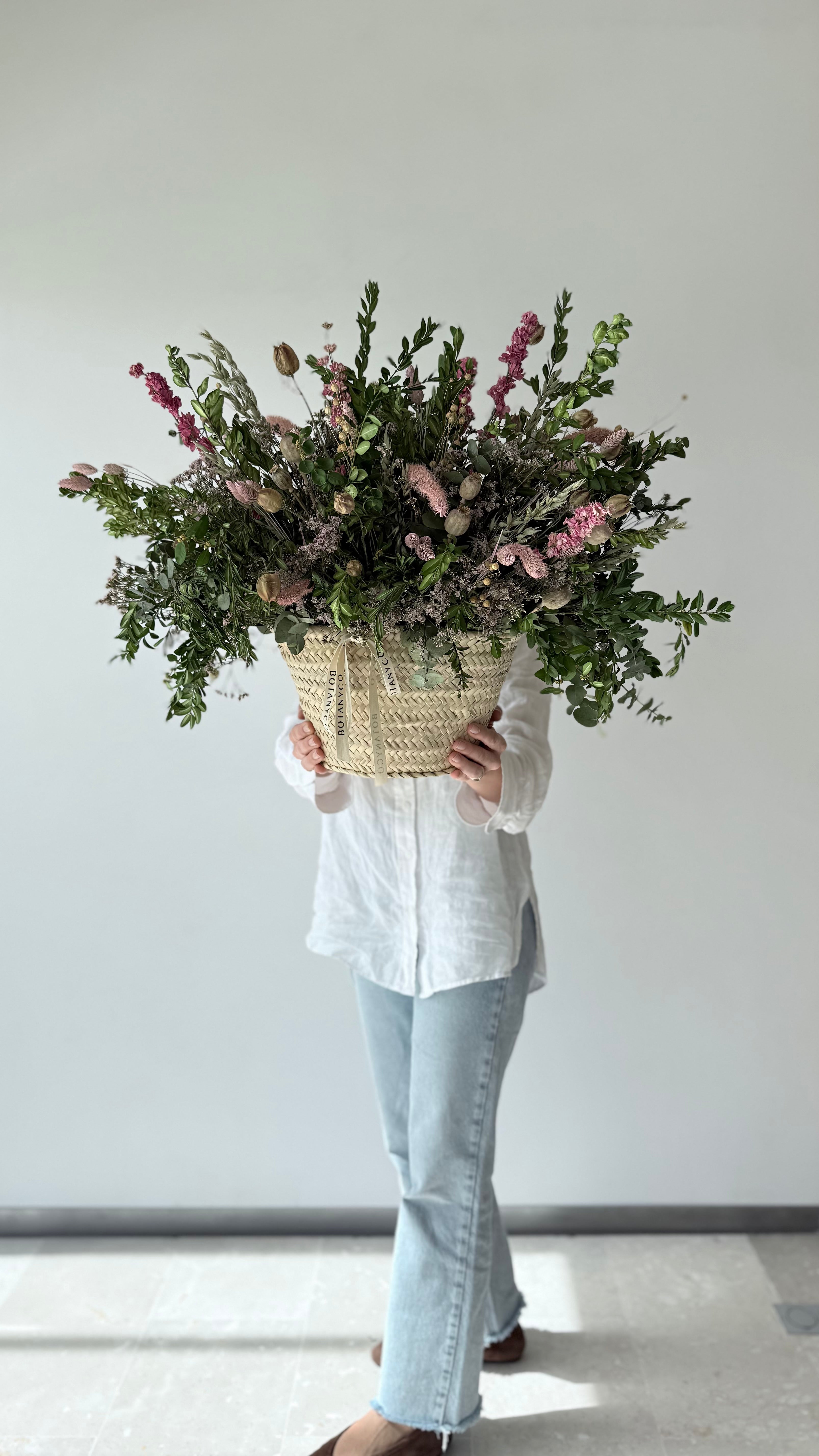 Capazo de Flor Seca y Preservada - Rosa